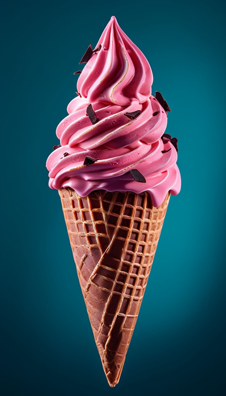 Indulgent Strawberry Ice Cream Cone on Luxurious Teal Background Mobile Wallpaper