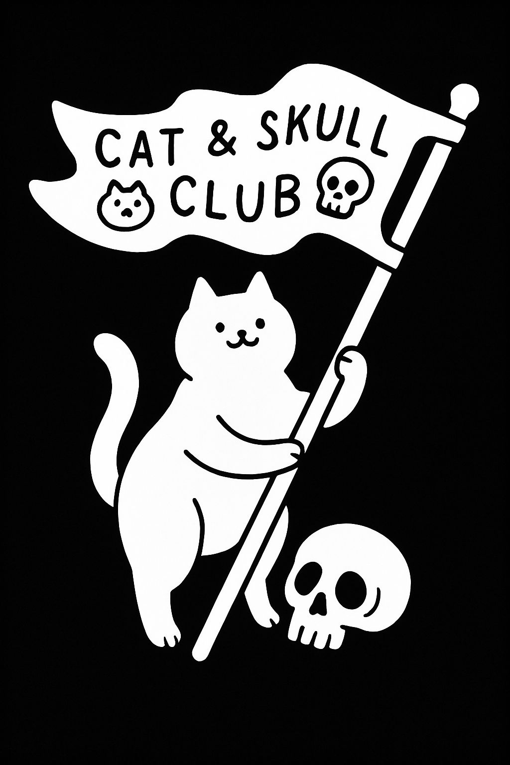 Playful Black and White Cat & Skull Club Cartoon Poster