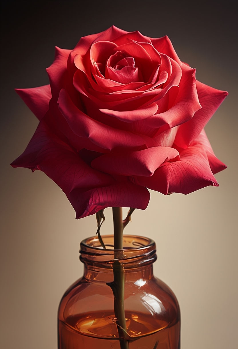 Vibrant Crimson Rose in Amber Jar Still Life Art