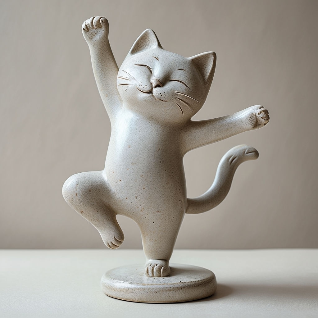 Joyful Dancing Cat Ceramic Sculpture with Textured Finish Art