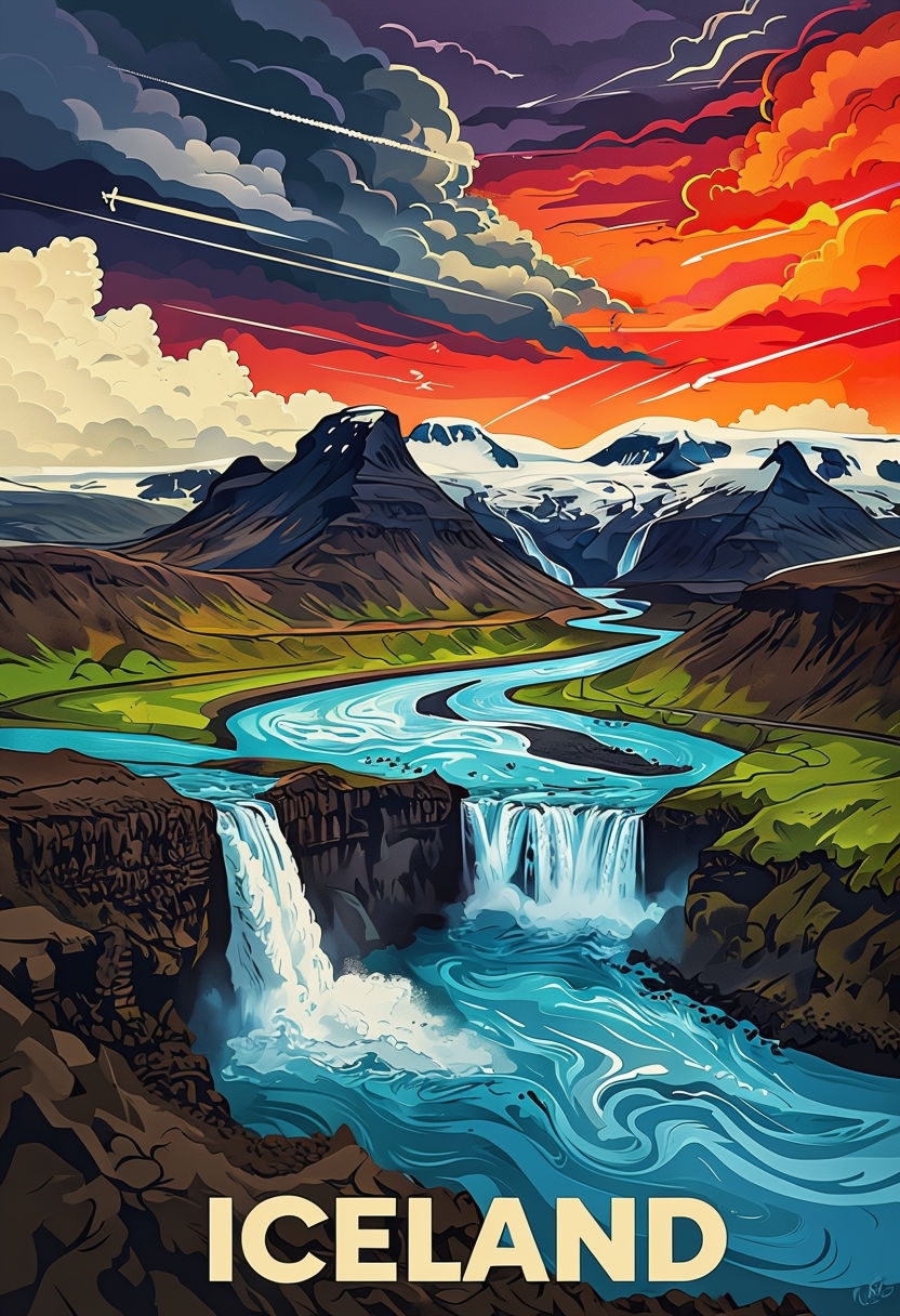 Vibrant Icelandic Landscape Illustration with Waterfalls Poster