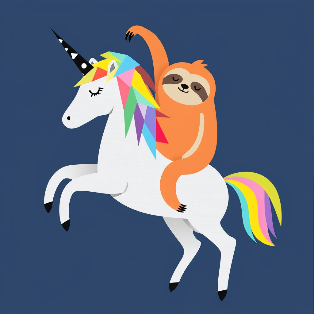 Whimsical Orange Sloth Riding Colorful Unicorn Cartoon Art