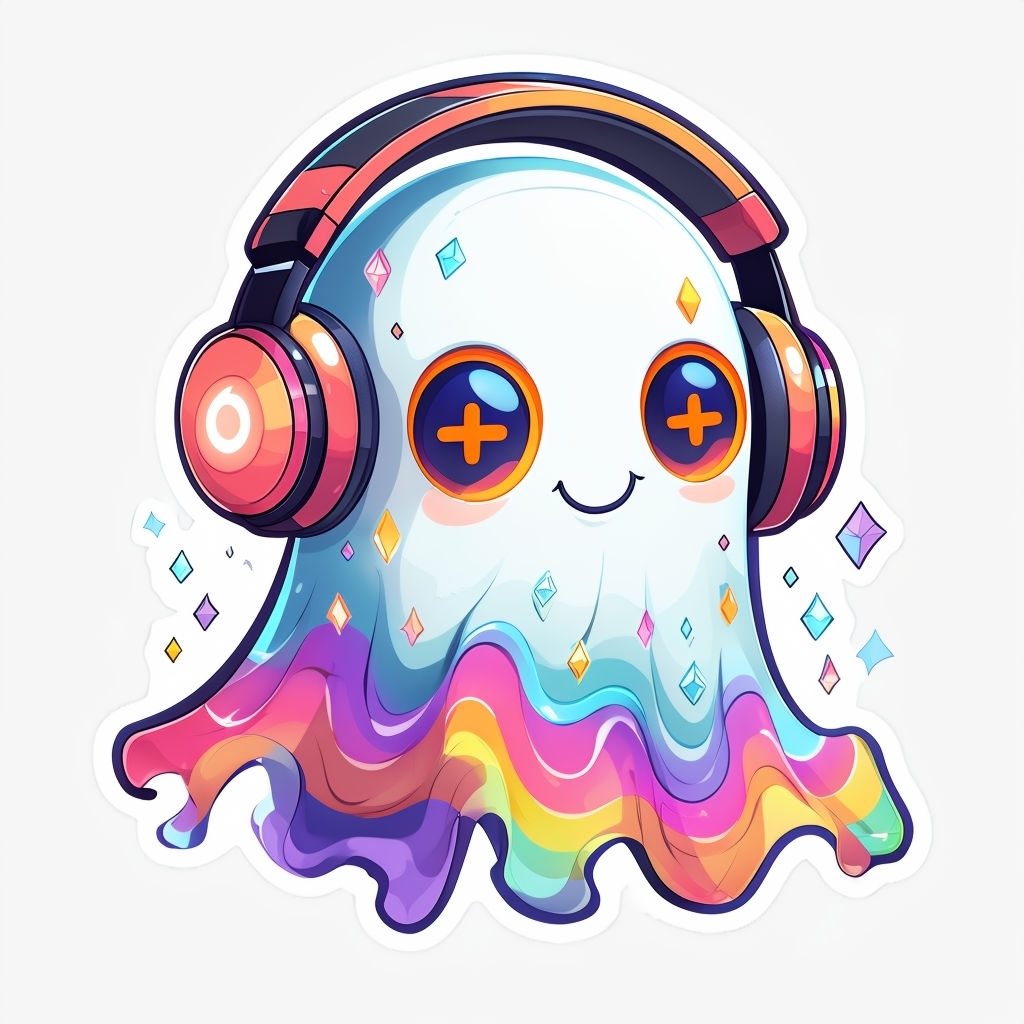 Adorable Whimsical Ghost with Headphones Cartoon Sticker