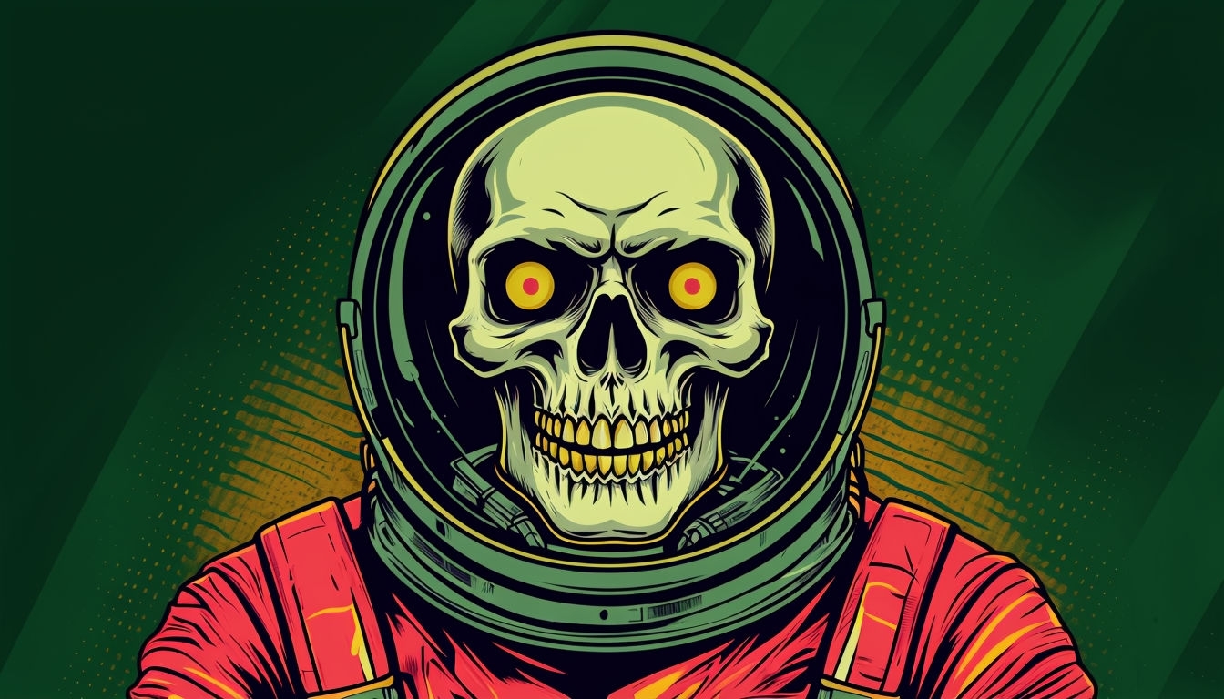 Eerie Astronaut Skeleton Illustration on Dark Forest Background Virtual Backgrounds