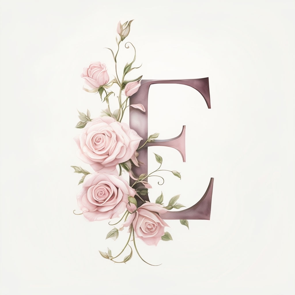 Elegant Floral Monogram 'E' with Pink Roses and Vines Monogram