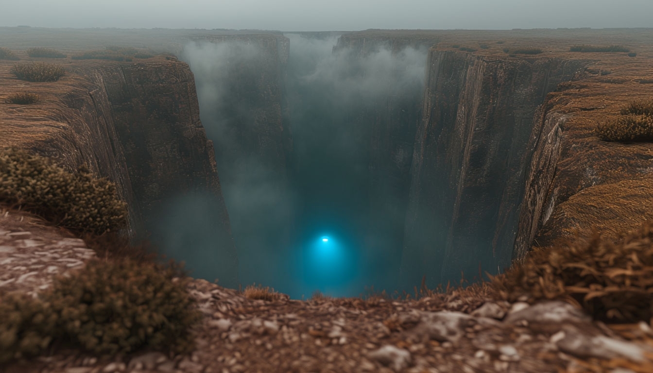 Mysterious Overgrown Ravine with Blue Fog Light Virtual Background