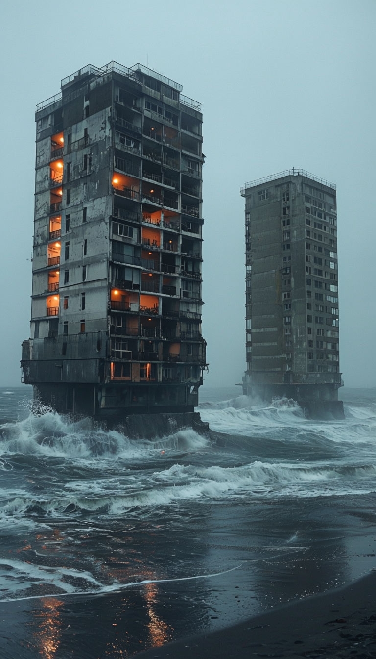 Eerie High-Rise Buildings in Turbulent Ocean Waters Art