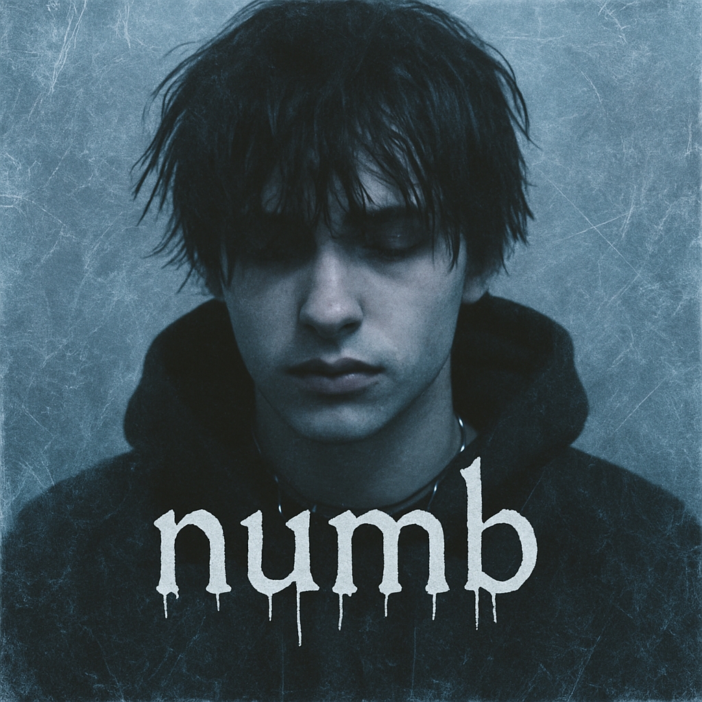 Somber Portrait of a Young Man with Dripping "Numb" Text Spotify Album Cover
