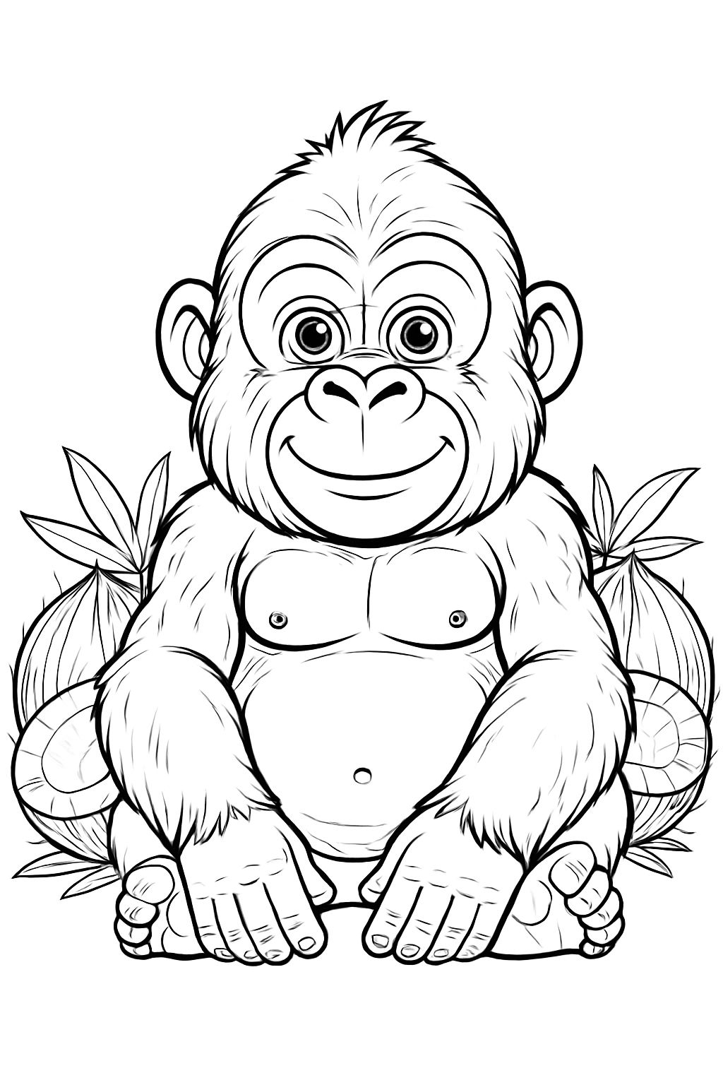 Whimsical Cartoon Gorilla Relaxing Among Foliage Coloring Book Pages