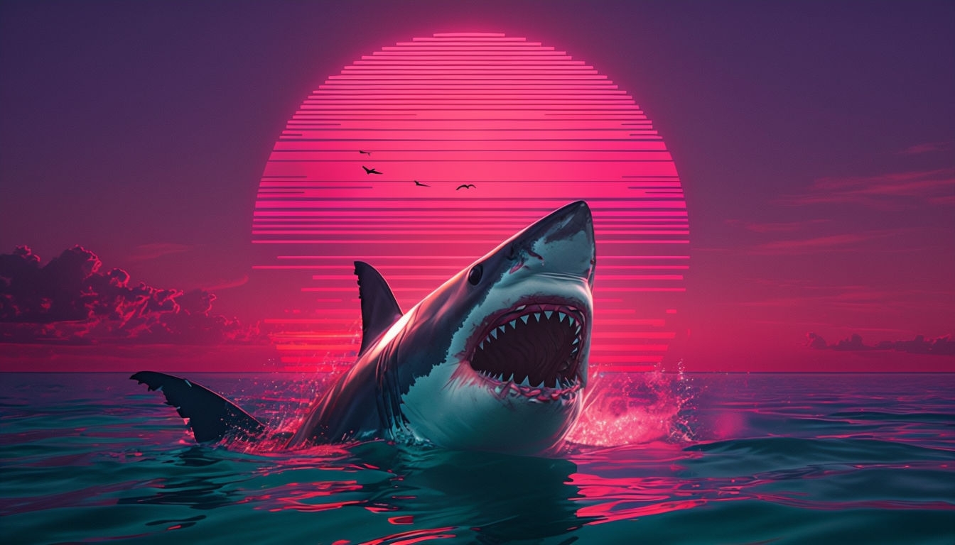 Retro-Futuristic Great White Shark Sunset Artwork Background