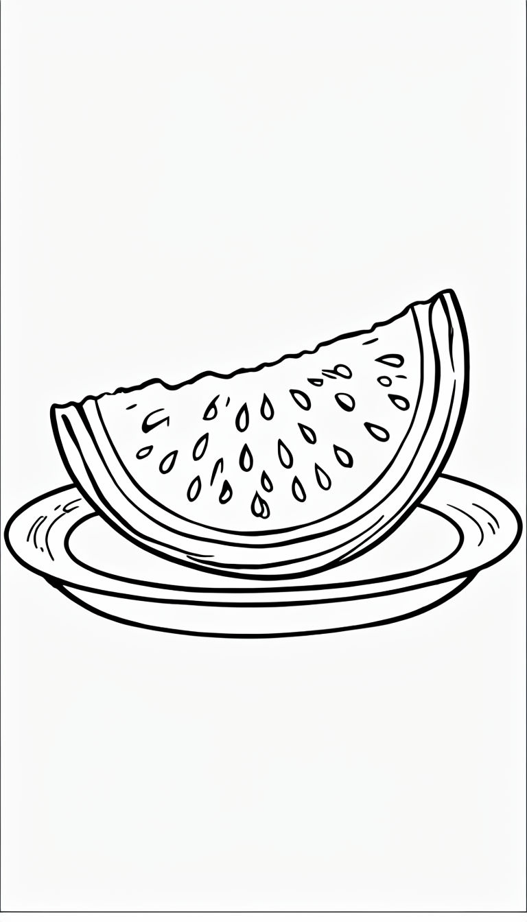 Whimsical Watermelon Slice on Plate Coloring Book Page