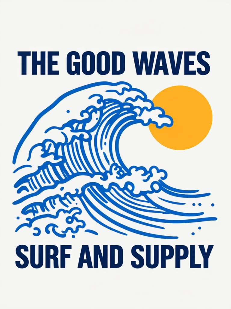 Stylized Blue Wave and Sun Graphic Design Poster