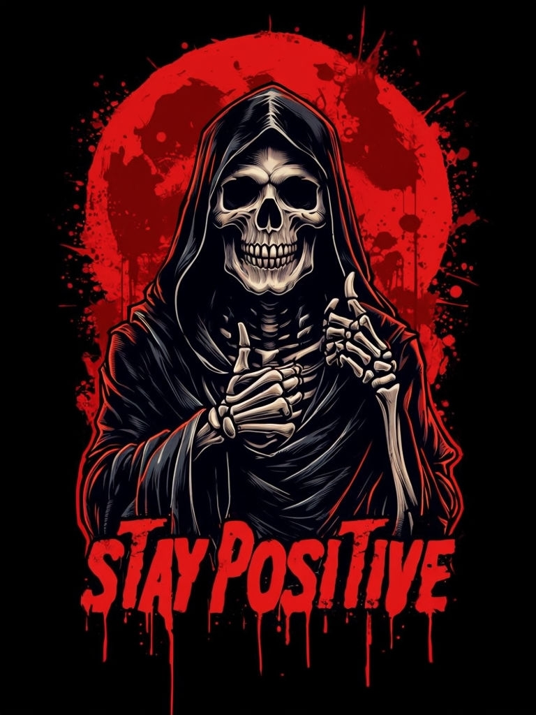 Gothic Skeleton with Blood Moon and Stay Positive T-Shirt