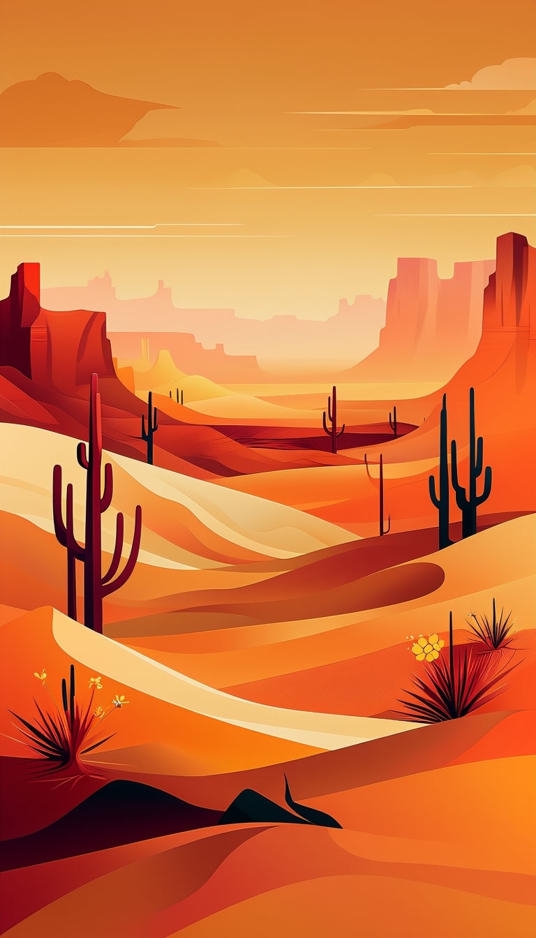 Warm Desert Landscape Illustration with Cacti and Dunes Mobile Wallpaper