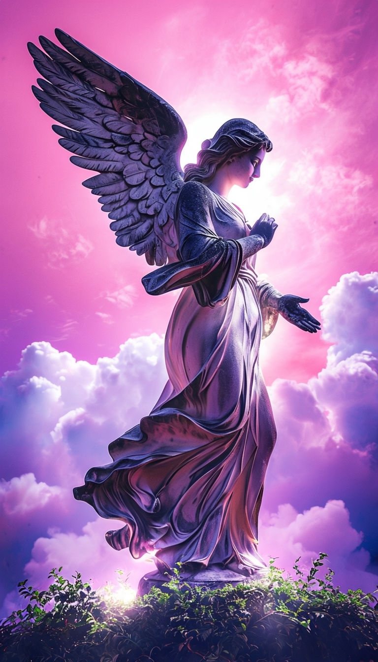 Ethereal Stone Angel Statue Under Dreamy Pink Sky Mobile Wallpaper