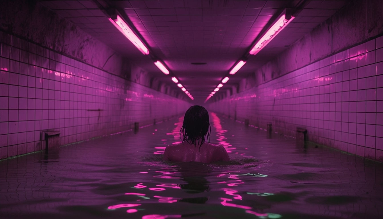 Eerie Flooded Tunnel Scene with Neon Lighting Backgrounds