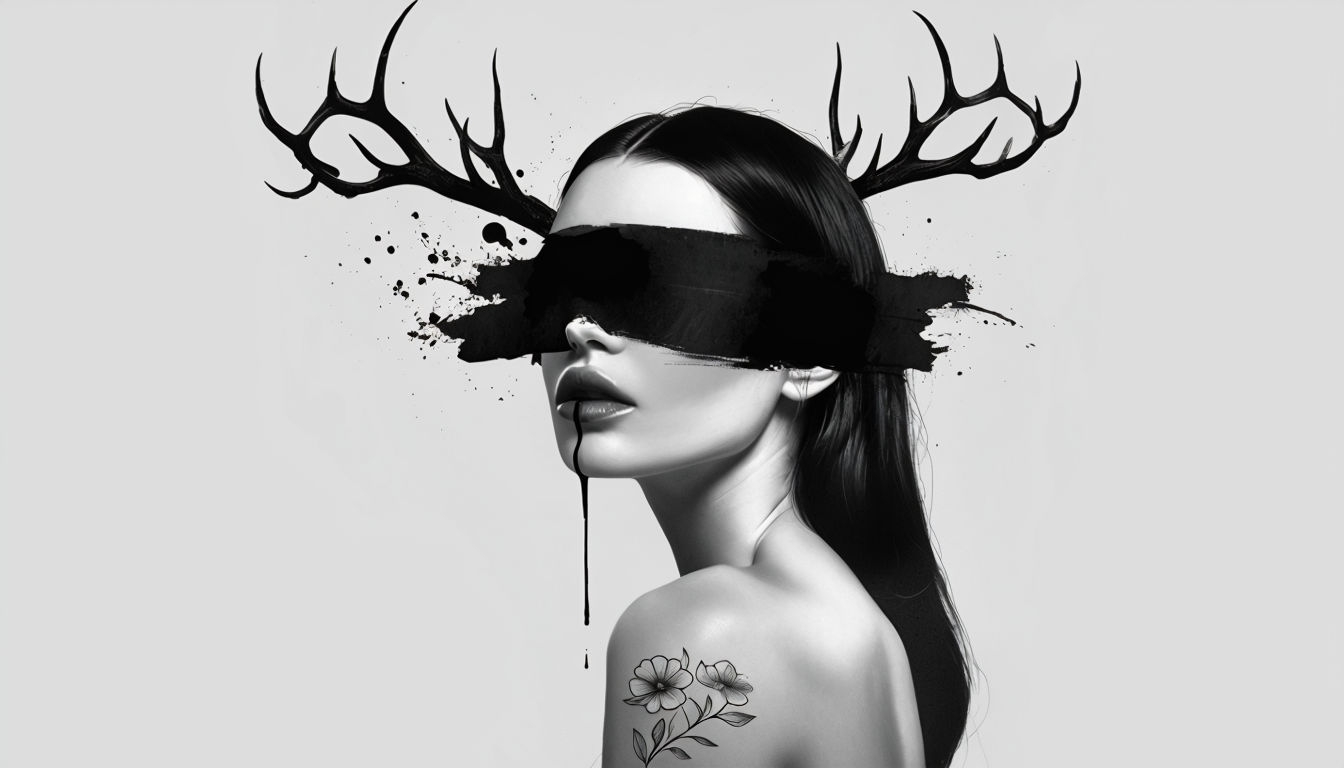 Surreal Black and White Woman with Antlers Digital Artwork Background