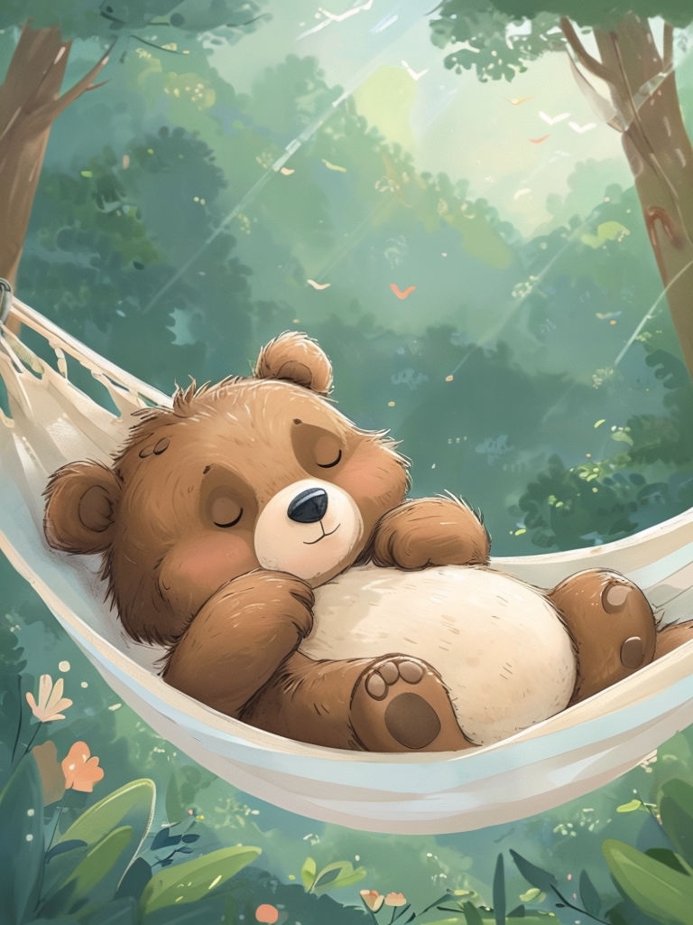 Cozy Cartoon Bear Napping in Hammock Illustration Art