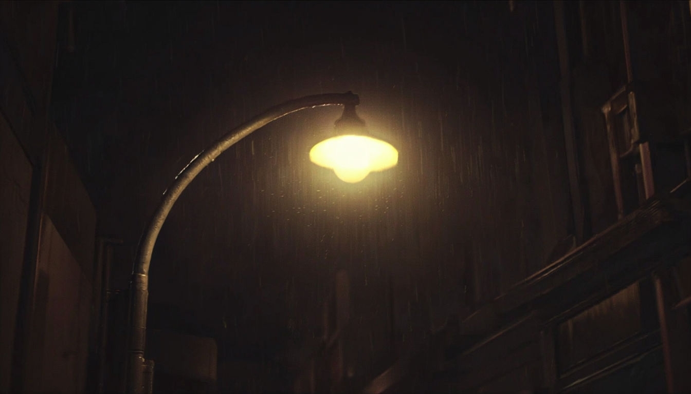 Urban Night Streetlight Illustration with Mysterious Atmosphere Virtual Background