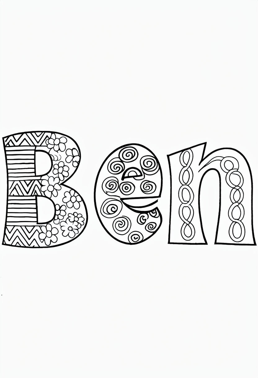 Decorative Black and White Lettering of the Name Ben Coloring Page