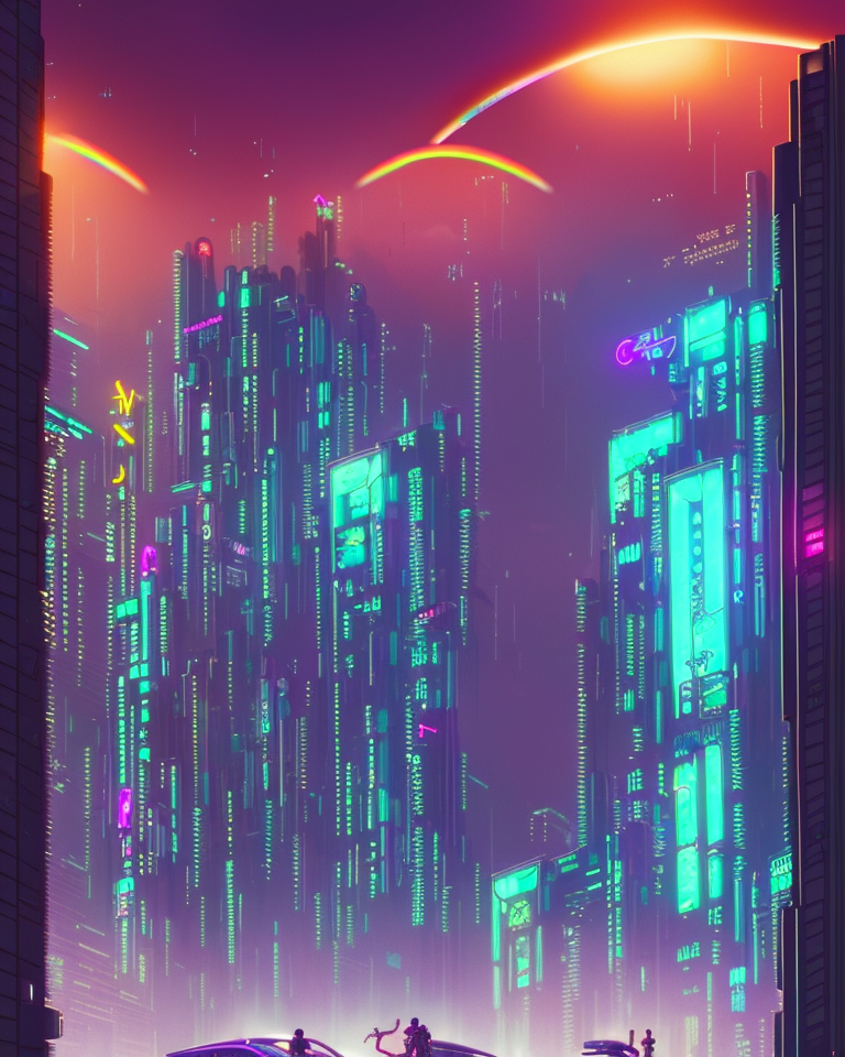 Magical Beautiful Cyberpunk 2077 night city with plants on t... by Dan