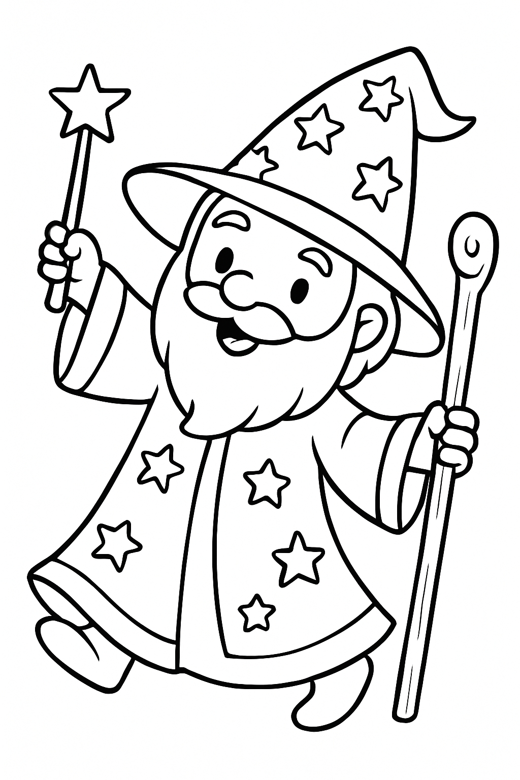 Cheerful Cartoon Wizard Line Drawing for Coloring Book Pages