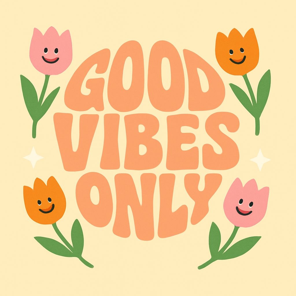 Cheerful Good Vibes Only Circular Design with Smiling Flowers Social Media Post