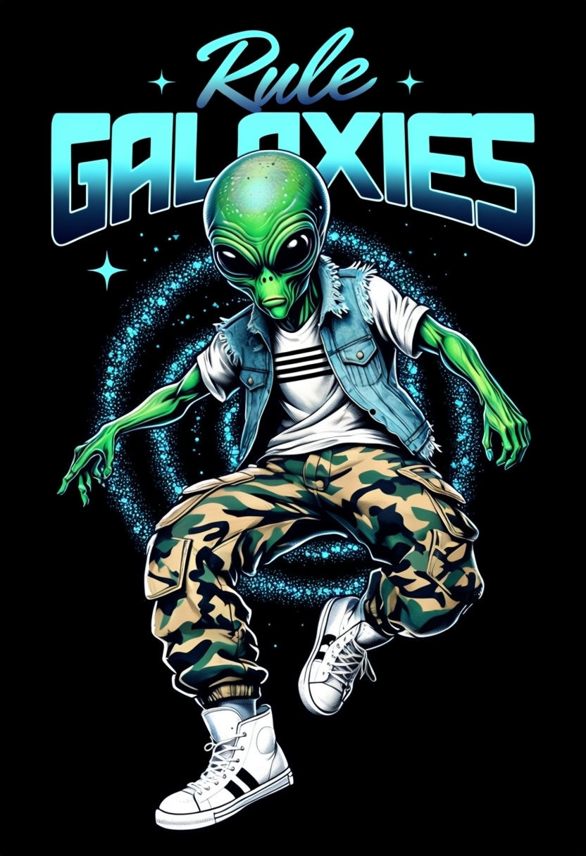 Vibrant Alien Character with Rule GALAXIES Text T-Shirt
