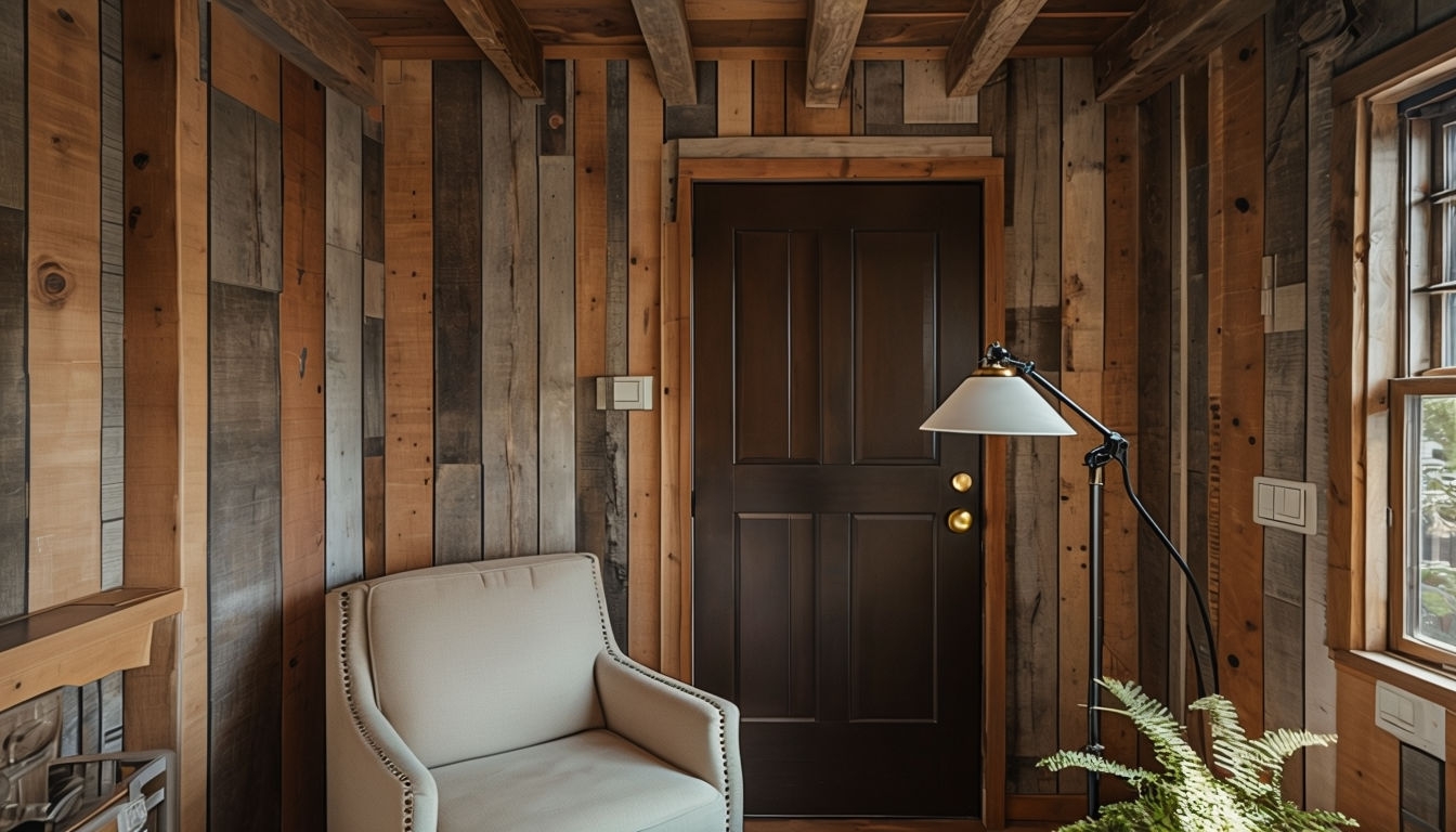Cozy Rustic Interior with Beige Armchair and Wooden Details Background