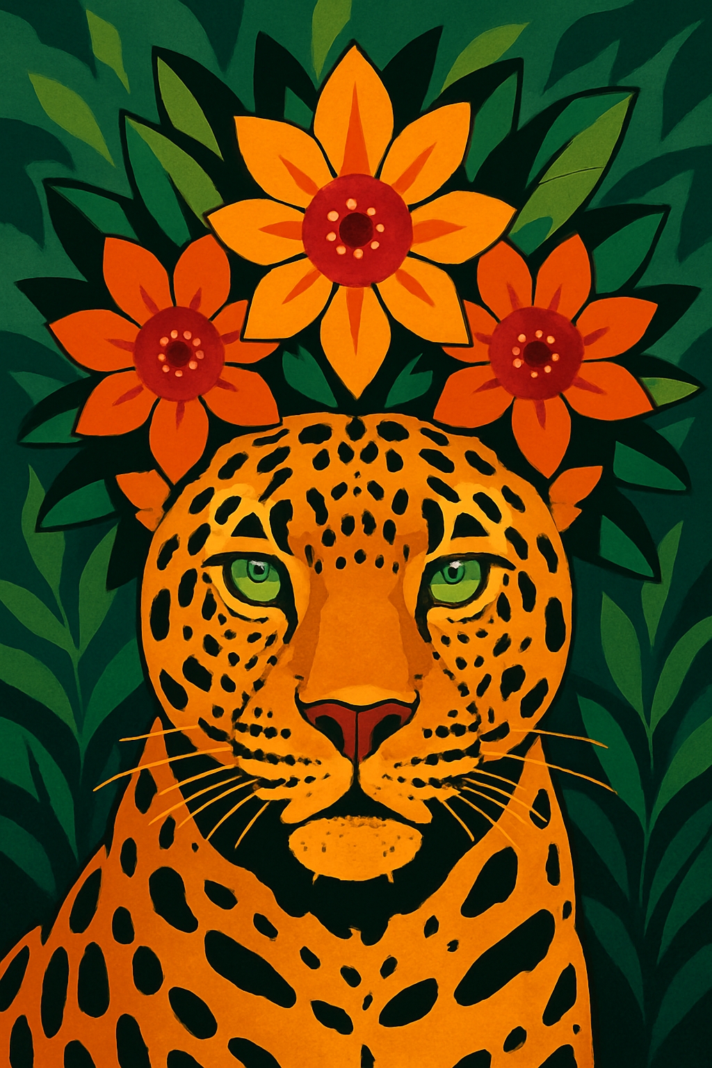 Vibrant Jaguar Illustration with Flowers and Green Foliage Art
