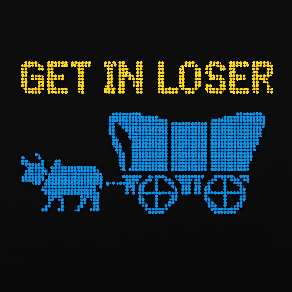 Pixelated Blue Ox Pulling Wagon with "Get In Loser" Text T-shirt