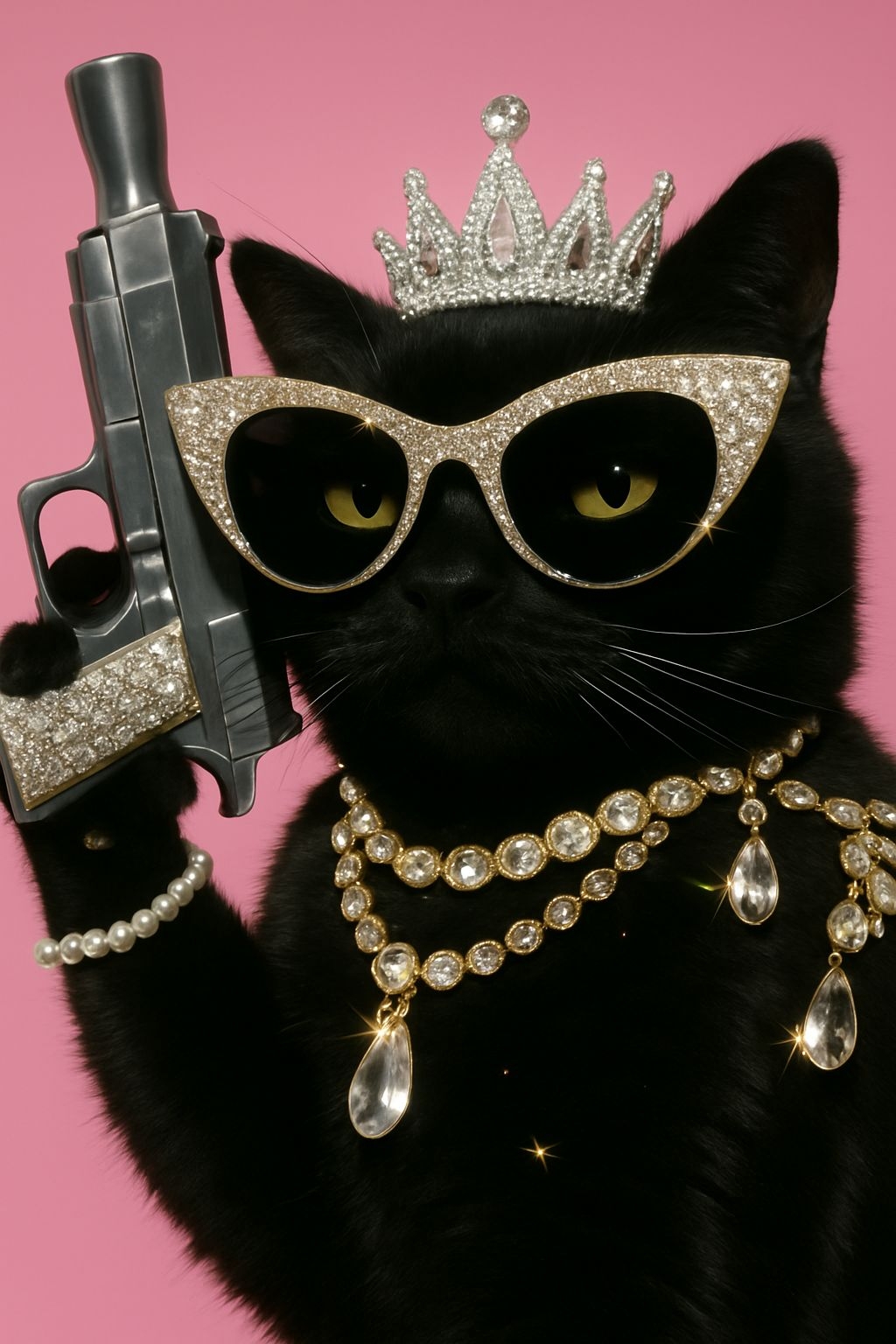 Whimsical Black Cat Portrait with Opulent Accessories Art