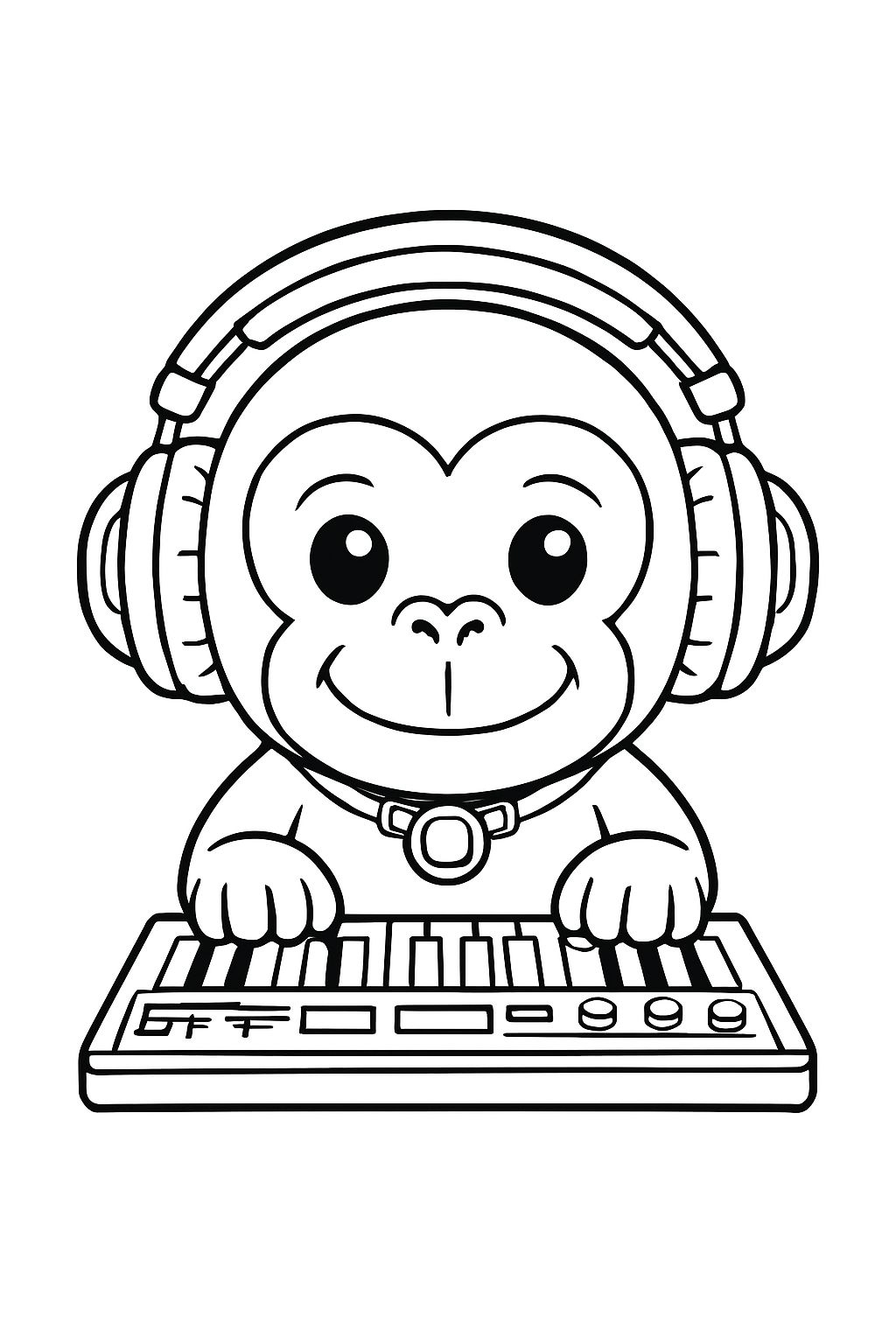 Cheerful Cartoon Chimpanzee with Headphones and Keyboard Coloring Book Pages