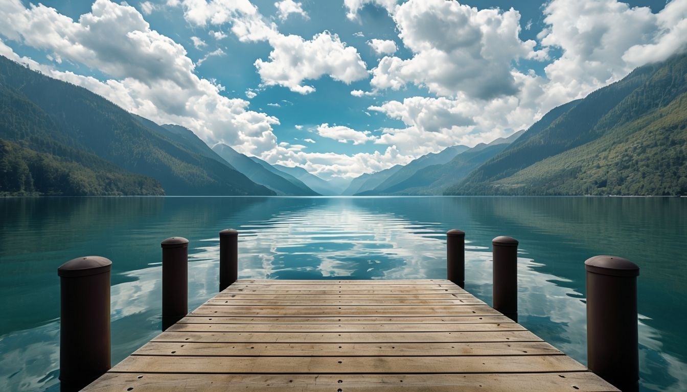 Serene Wooden Dock Over Reflective Lake Landscape Virtual Backgrounds