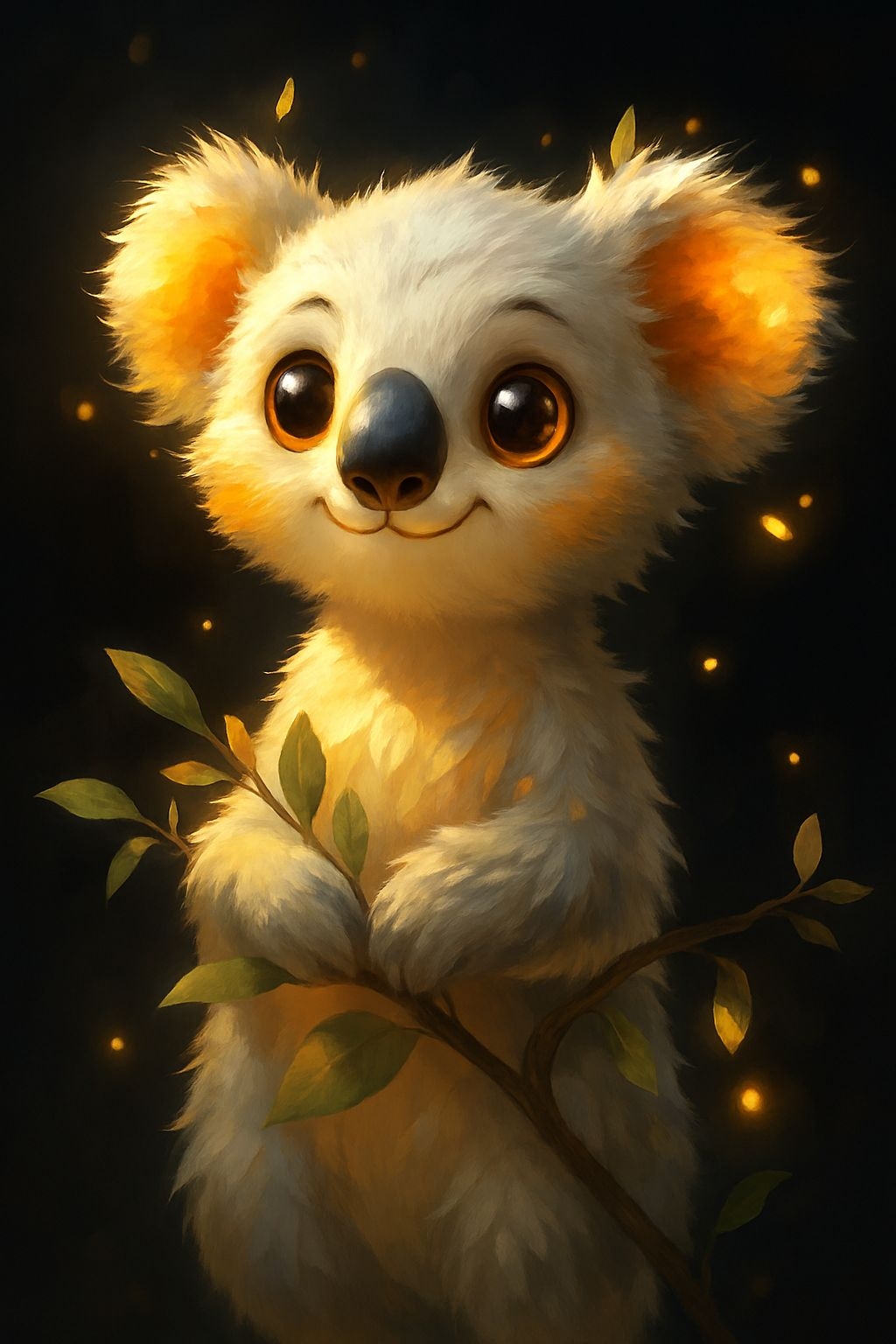 Whimsical Anthropomorphic Koala with Glowing Fireflies Mobile Wallpaper