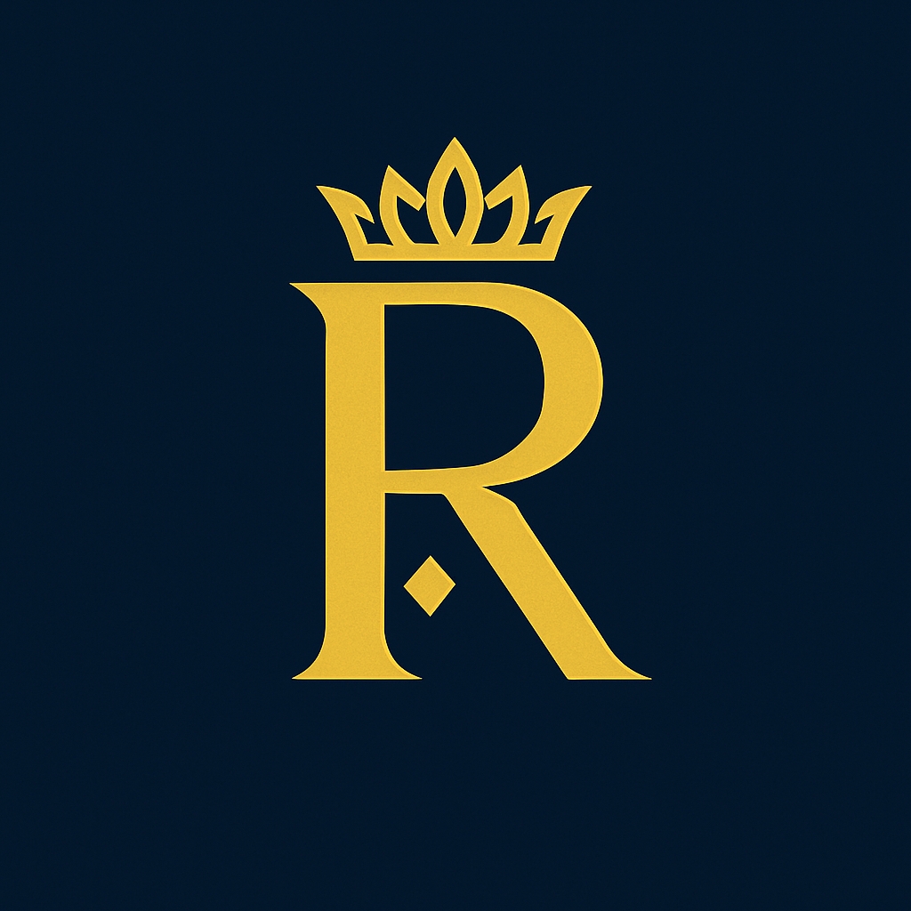 Elegant Gold Letter R Monogram with Crown on Navy Blue Background