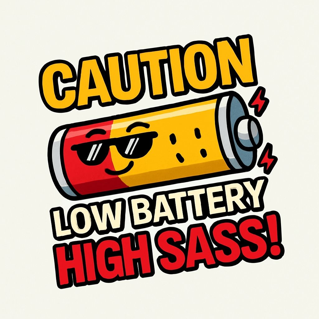 Playful Cartoon Battery Character with Caution Message Sticker