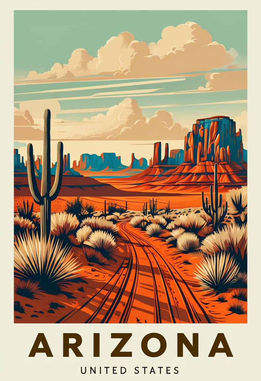 Vivid Arizona Desert Landscape Travel Poster with Scenic Road