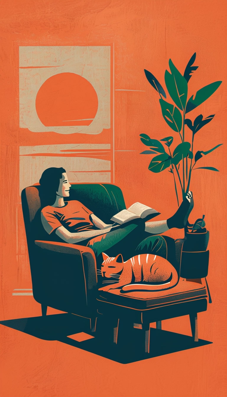 Cozy Indoor Comfort Illustration with Cat and Book Art