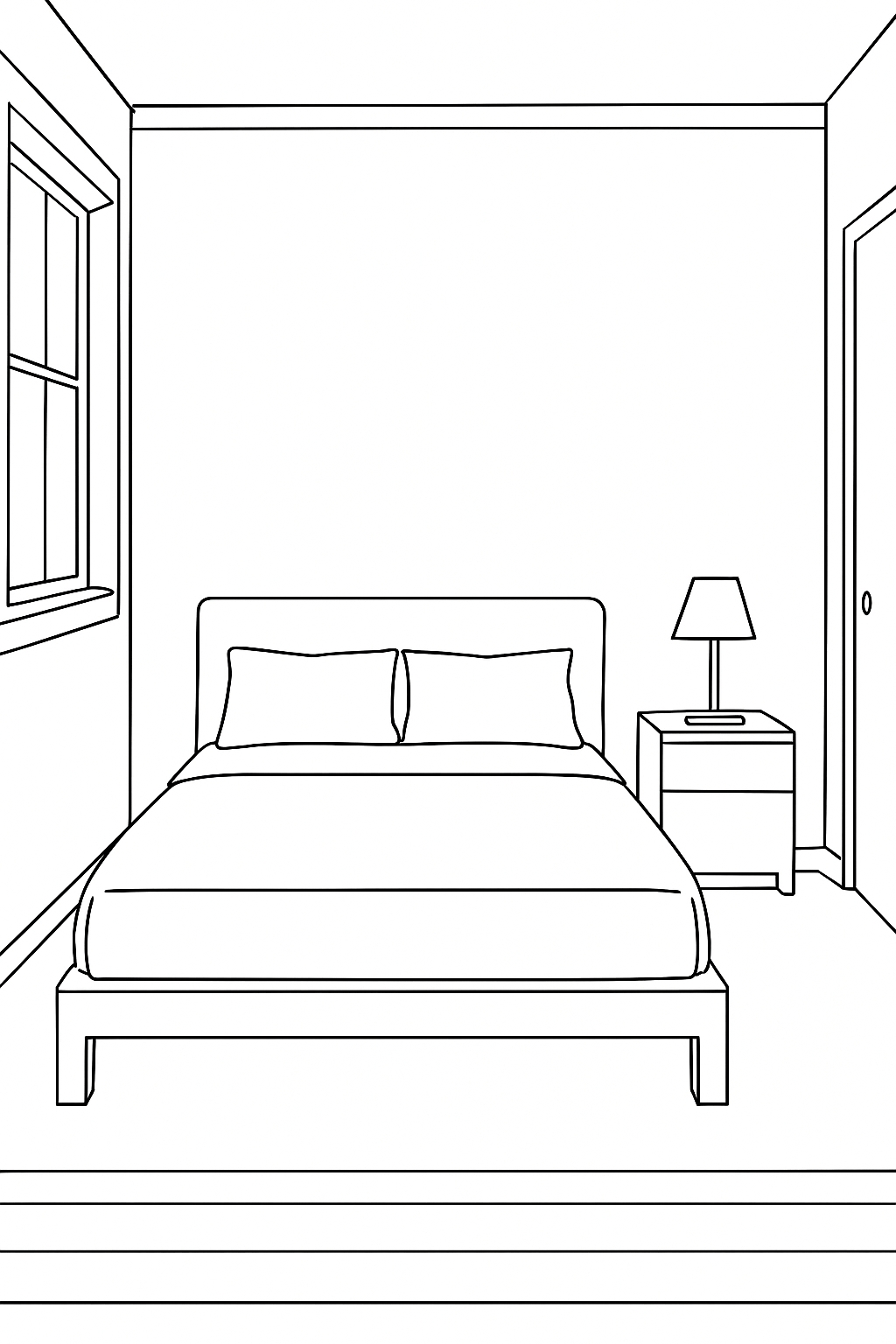 Minimalist Line Drawing of Symmetrical Bedroom Design Coloring Book Pages