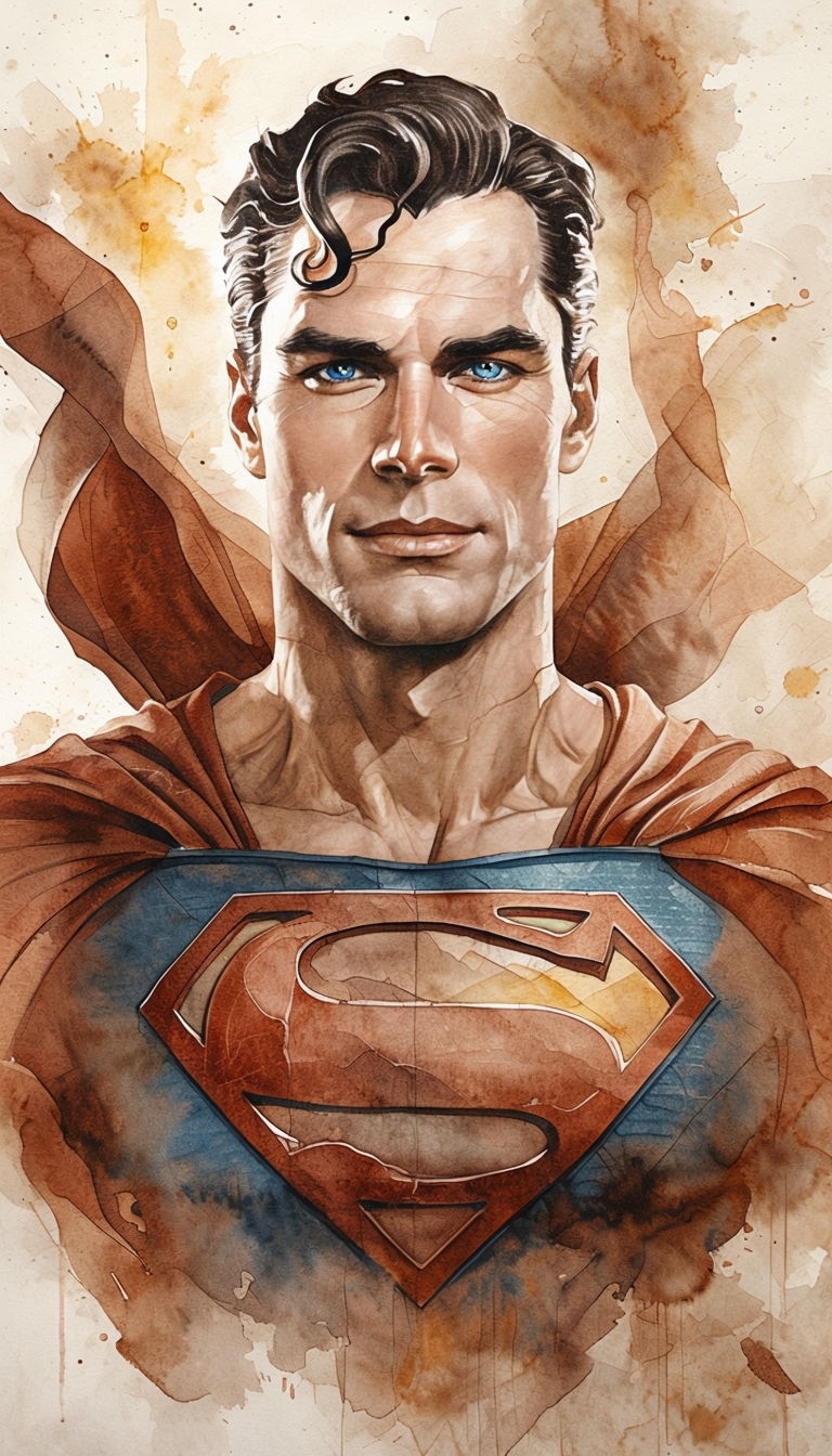 Dynamic Watercolor Superman Portrait Artwork for Fans Art