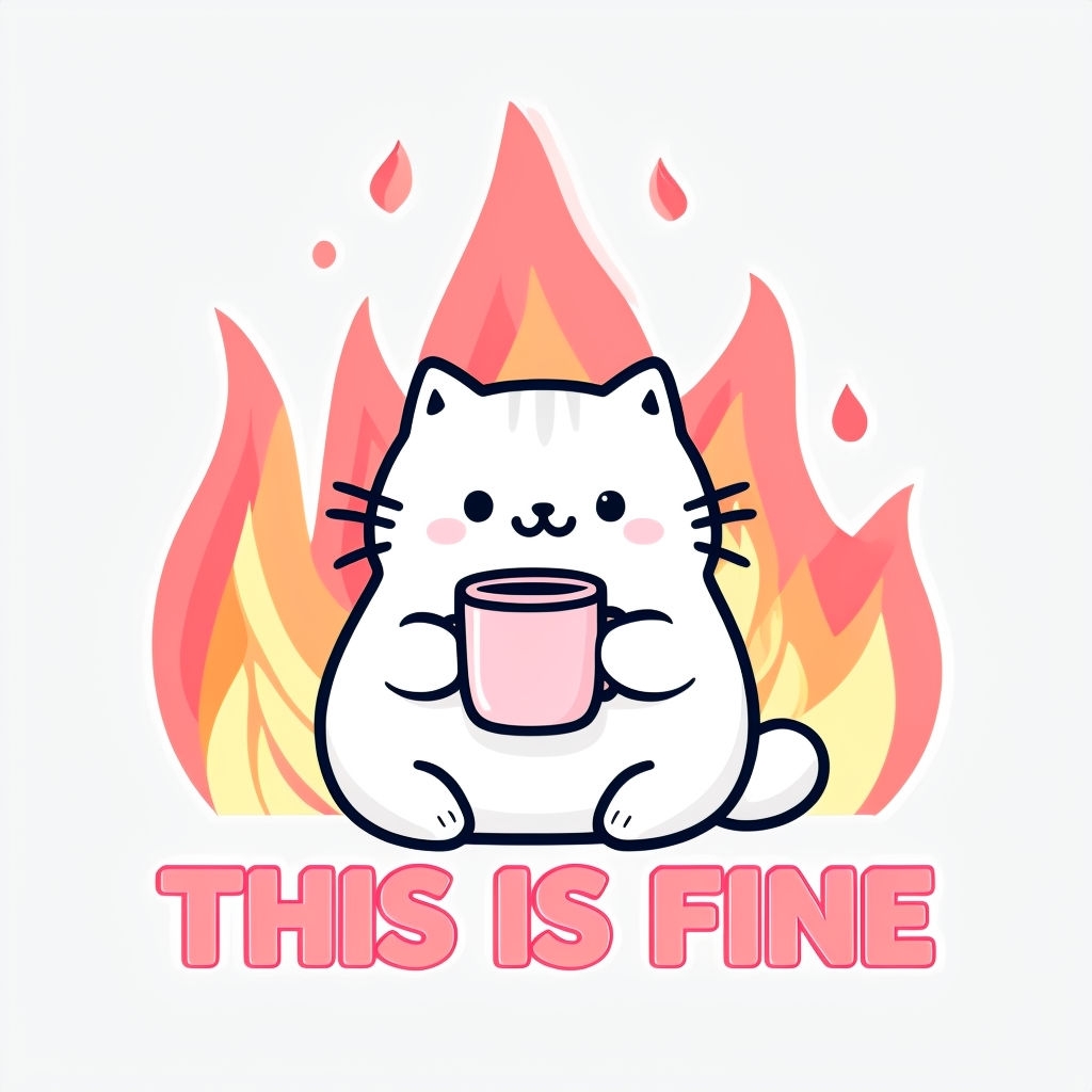 Cute Cartoon Cat with Pink Mug and Flames Sticker