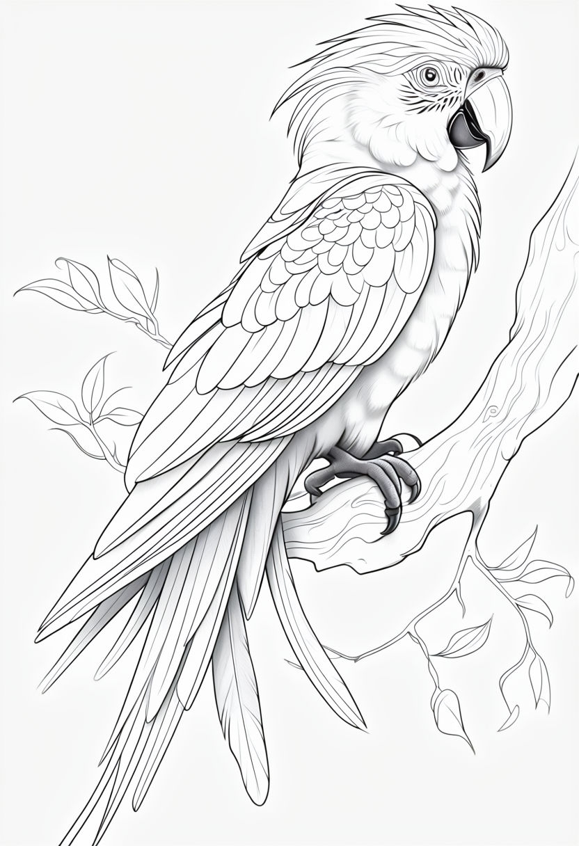 Elegant Black and White Parrot Illustration for Coloring Book Pages