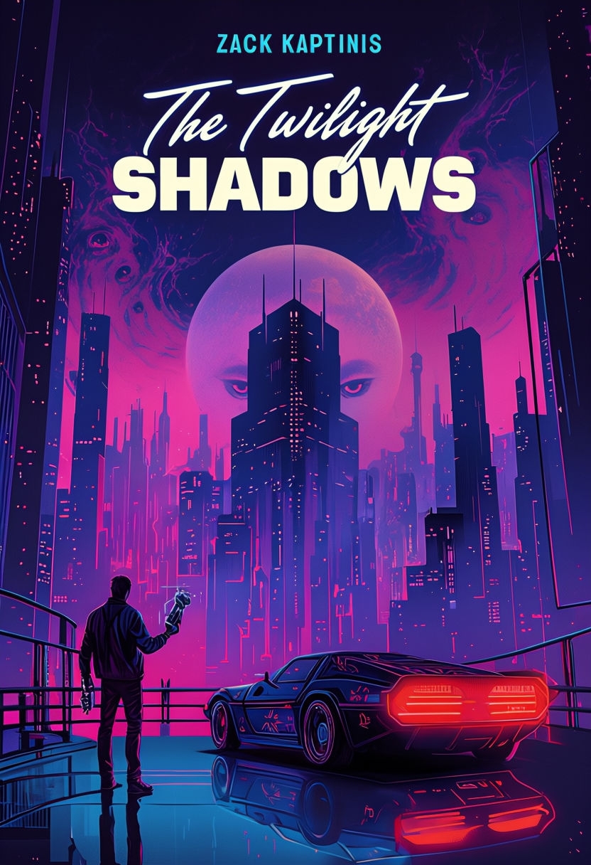 Vibrant Cyberpunk Twilight Shadows Book Cover Art Design