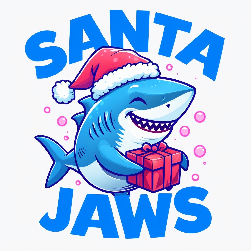 Cheerful Cartoon Shark with Santa Hat and Gift T-Shirt