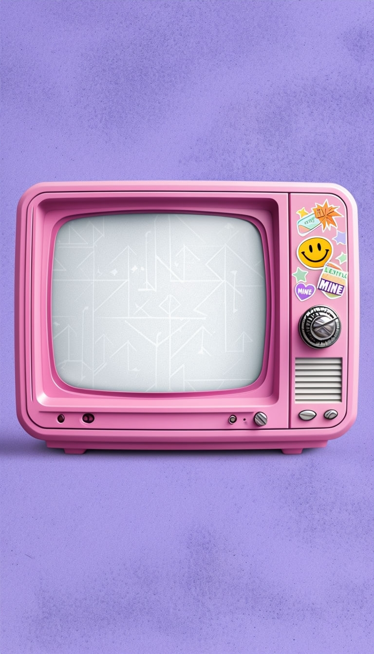Retro Pink Television Illustration with Colorful Stickers Social Media Post
