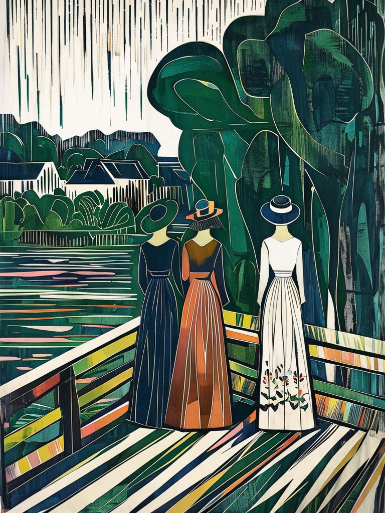 Expressionist Woodcut Print of Women on Bridge Artwork