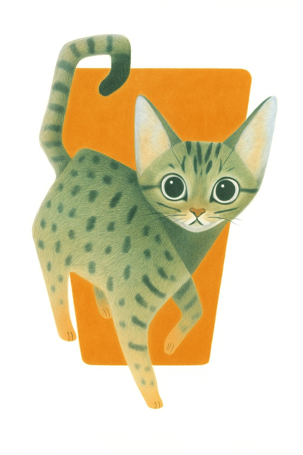 Playful Whimsical Kitten Illustration on Burnt Orange T-Shirt