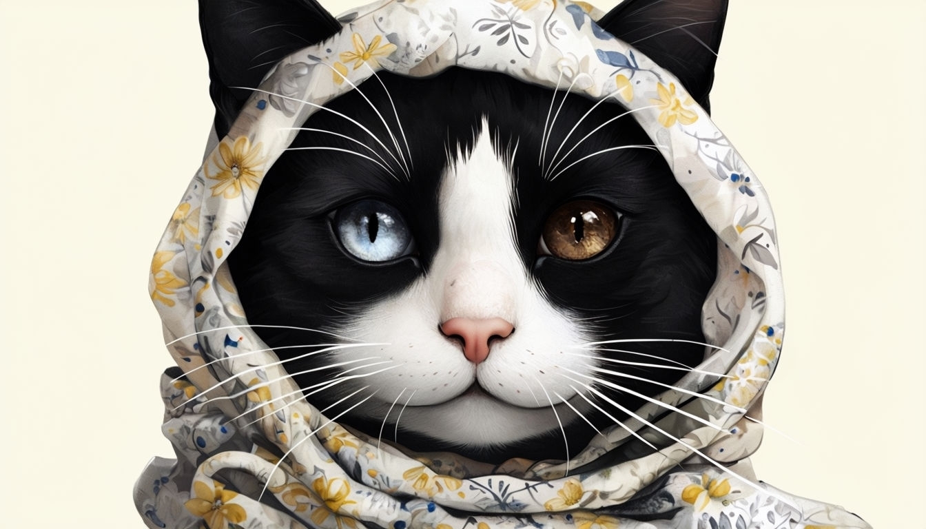 Whimsical Black and White Cat with Floral Scarf Illustration Virtual Backgrounds