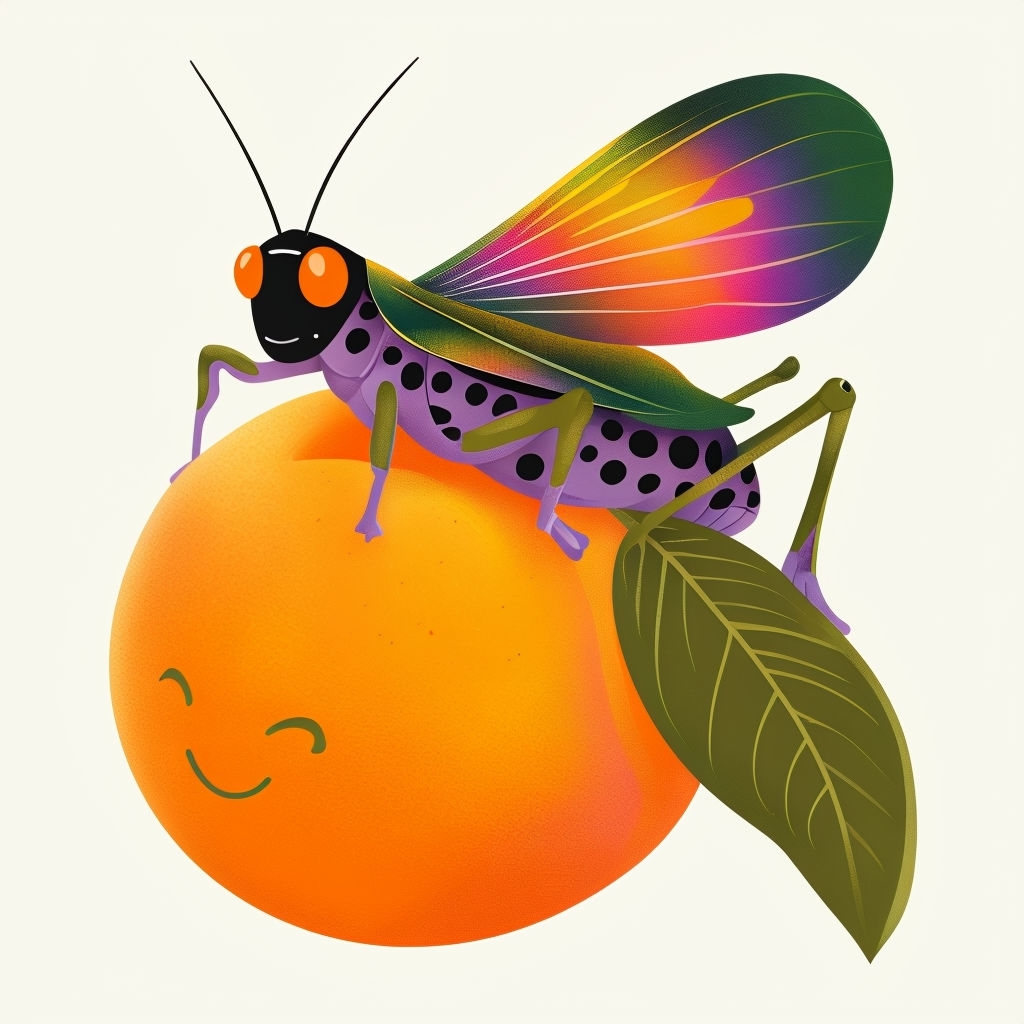 Colorful Whimsical Grasshopper and Apricot Seamless Pattern